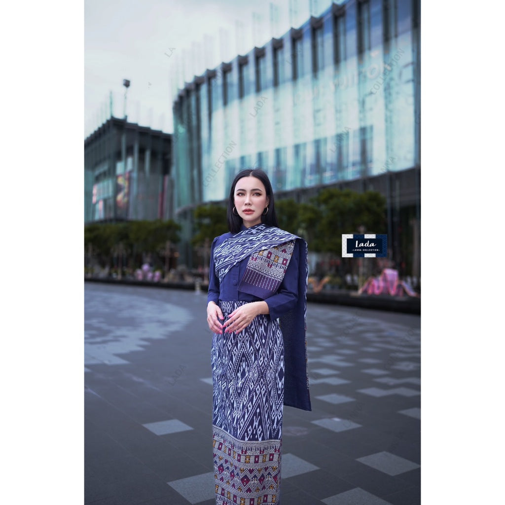 Beautiful women's dresses, casual Thai dresses premium products Printed cotton Dress set Printed cotton fabric set Navy blue Chitralada shirt Tin Jok Nok Khin Nam sarong with cloth sash