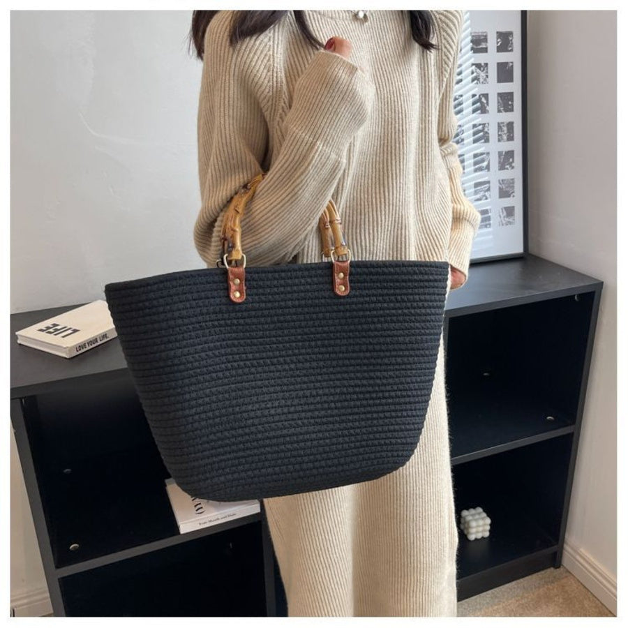 Handmade Woven Shoulder Bag, Woven bag with wooden handles and a long strap, Chic woven bag featuring a braided strap It's very suitable for chill-out, minimalist