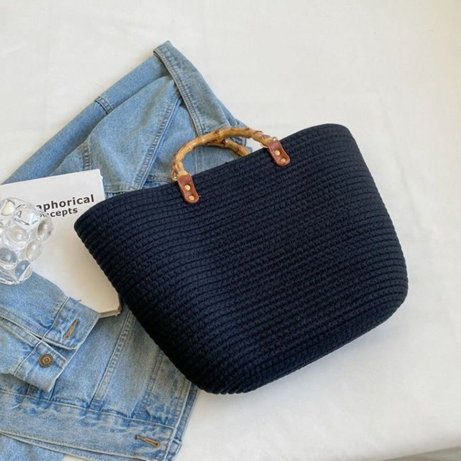 Handmade Woven Shoulder Bag, Woven bag with wooden handles and a long strap, Chic woven bag featuring a braided strap It's very suitable for chill-out, minimalist