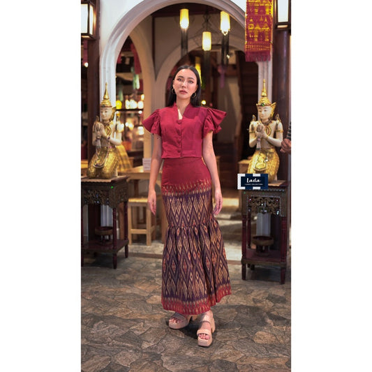 Beautiful women's dresses, casual Thai dresses premium products Printed cotton Dress set, Boromphiman set, Thai bird wing shirt fishtail skirt