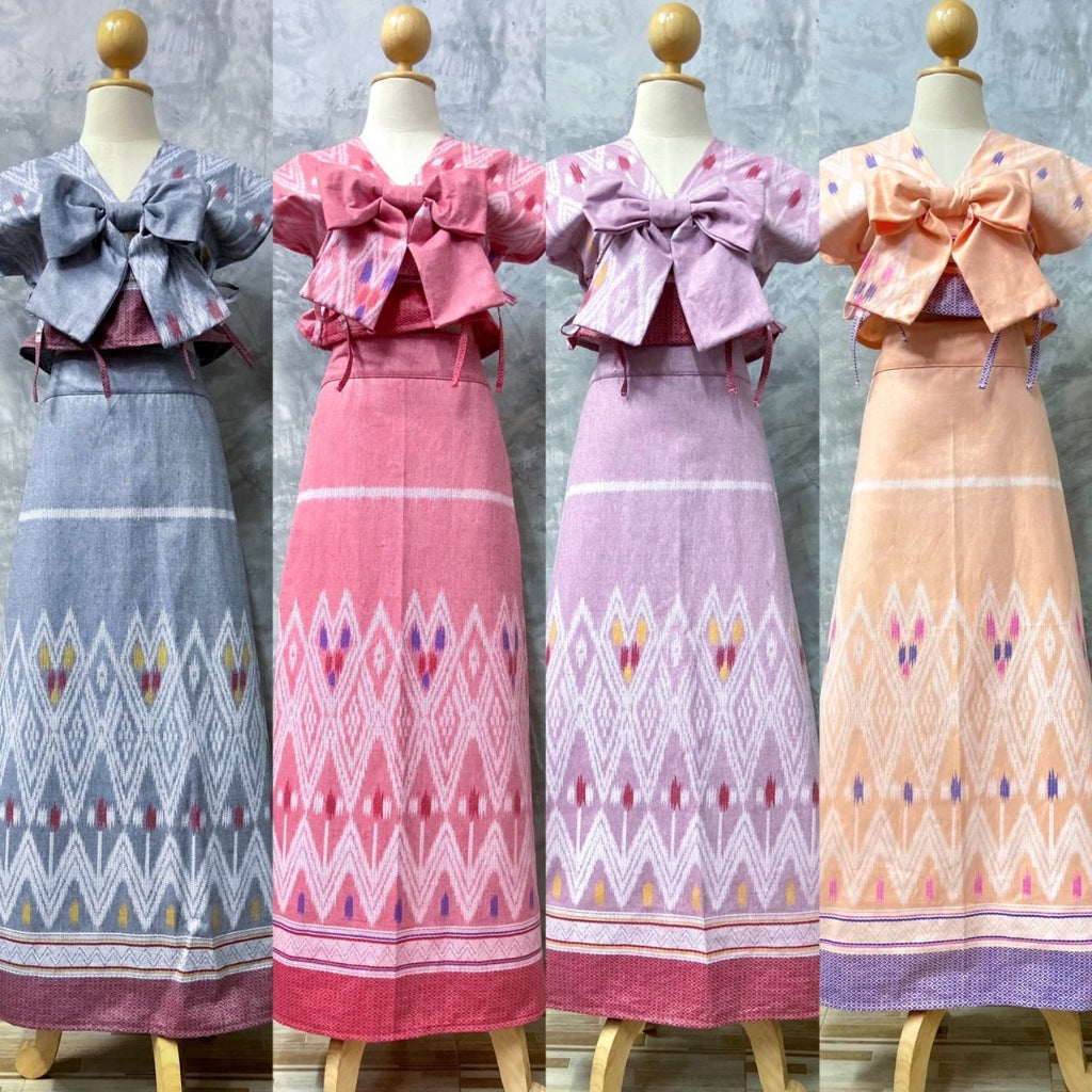 Beautiful women's dresses Thai pattern cotton dress decorated with a pastel color