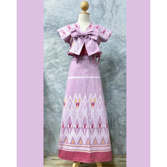 Beautiful women's dresses casual Thai dresses Thai pattern cotton dress decorated with a pastel color