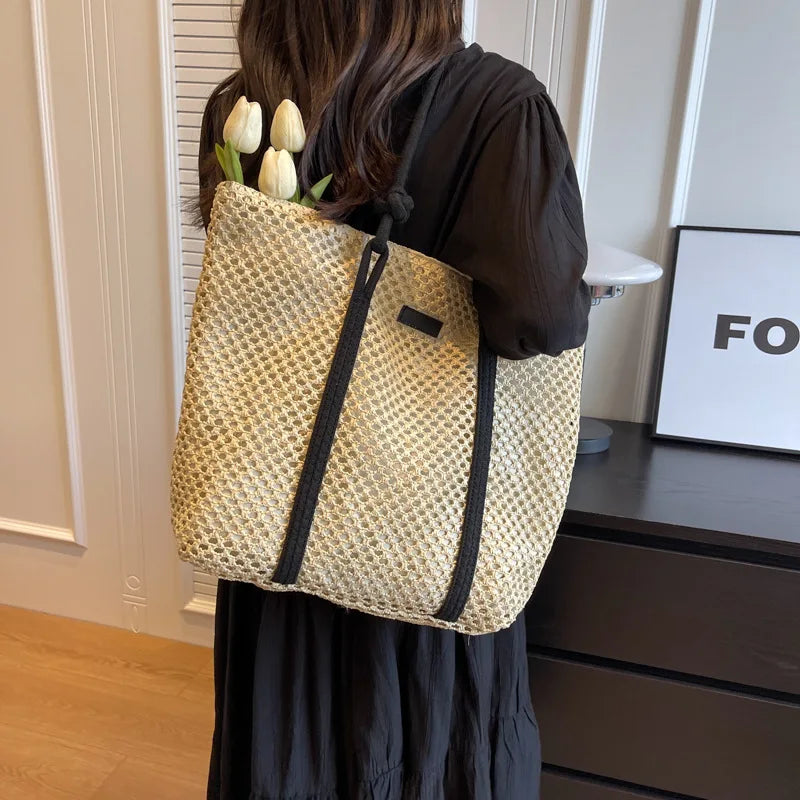 Elegant Ladies Straw Woven Handbag Women Holiday Beach Bag Casual Shopper Tote Top-Handle Bags Fashion Underarm Shoulder Bags