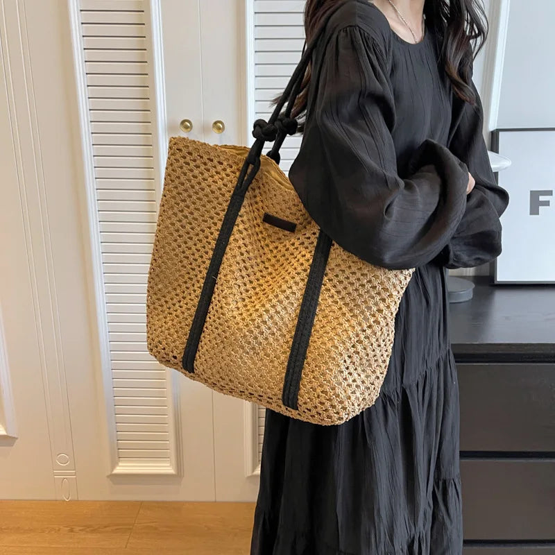 Elegant Ladies Straw Woven Handbag Women Holiday Beach Bag Casual Shopper Tote Top-Handle Bags Fashion Underarm Shoulder Bags