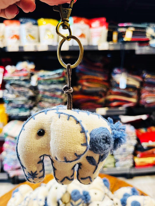 Embroidery Handmade Elephant Keychain white blue Souvenir from Chiang Mai.