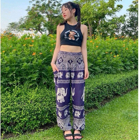 Free People Pants Women's Elephant pants, elephant pattern pants, jumper legs, Elephant Pant, fashion pants, elastic waist pants with adjustable drawstring, with 1 side pocket, cotton fabric, soft and smooth, comfortable to wear.