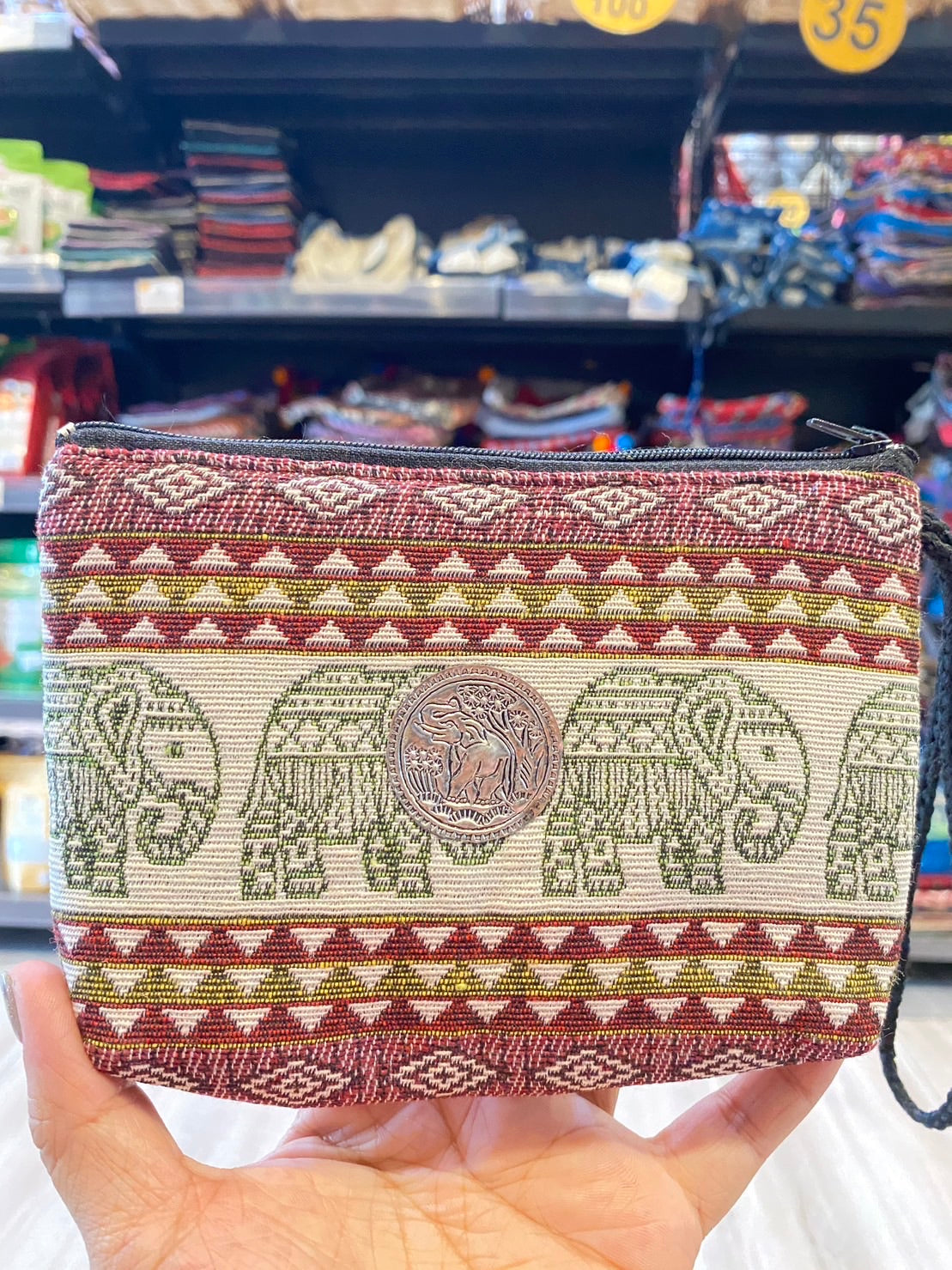 Handmade Woven coin purse with elephant silver accessories, zipper and lining