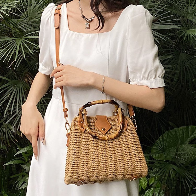 Handmade Woven Shoulder Bag, Woven bag with wooden handles and a long strap, Chic woven bag featuring a braided strap It's very suitable for chill-out, minimalist