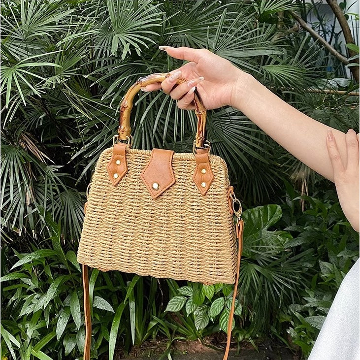 Handmade Woven Shoulder Bag, Woven bag with wooden handles and a long strap, Chic woven bag featuring a braided strap It's very suitable for chill-out, minimalist