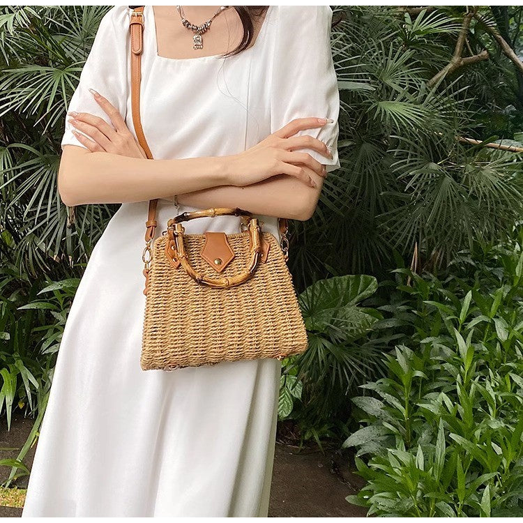 Handmade Woven Shoulder Bag, Woven bag with wooden handles and a long strap, Chic woven bag featuring a braided strap It's very suitable for chill-out, minimalist