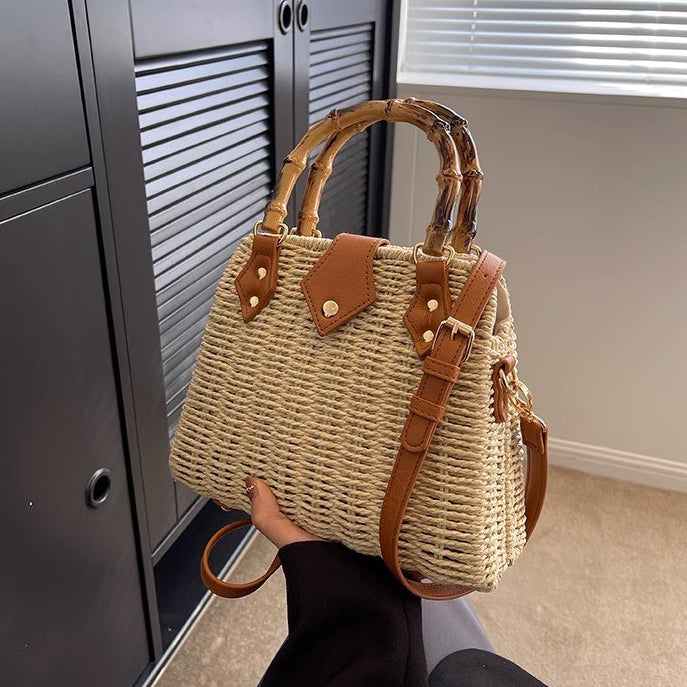 Handmade Woven Shoulder Bag, Woven bag with wooden handles and a long strap, Chic woven bag featuring a braided strap It's very suitable for chill-out, minimalist