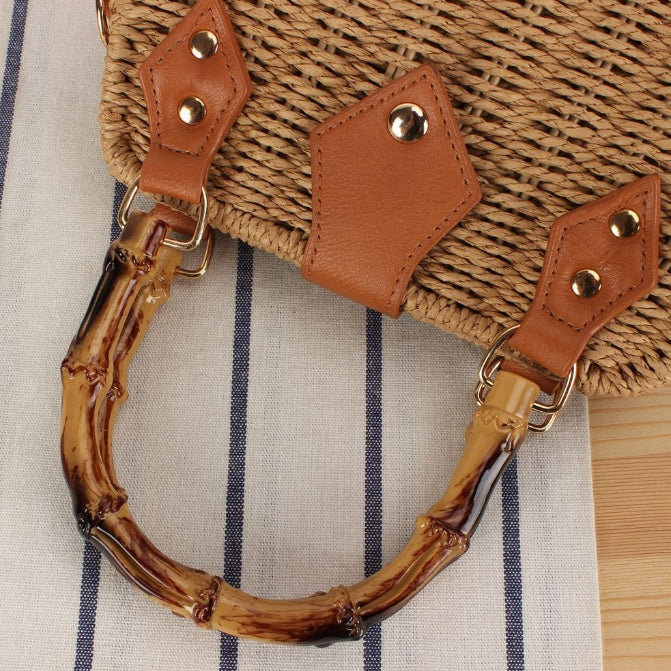 Handmade Woven Shoulder Bag, Woven bag with wooden handles and a long strap, Chic woven bag featuring a braided strap It's very suitable for chill-out, minimalist