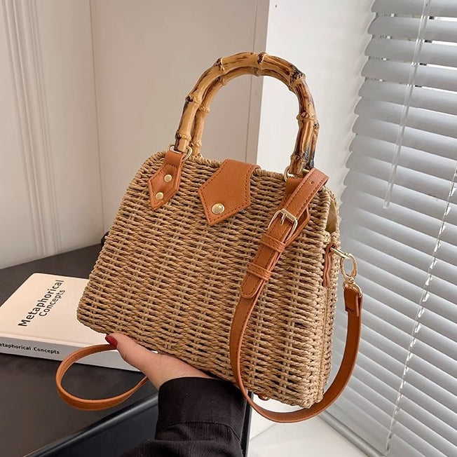 Handmade Woven Shoulder Bag, Woven bag with wooden handles and a long strap, Chic woven bag featuring a braided strap It's very suitable for chill-out, minimalist