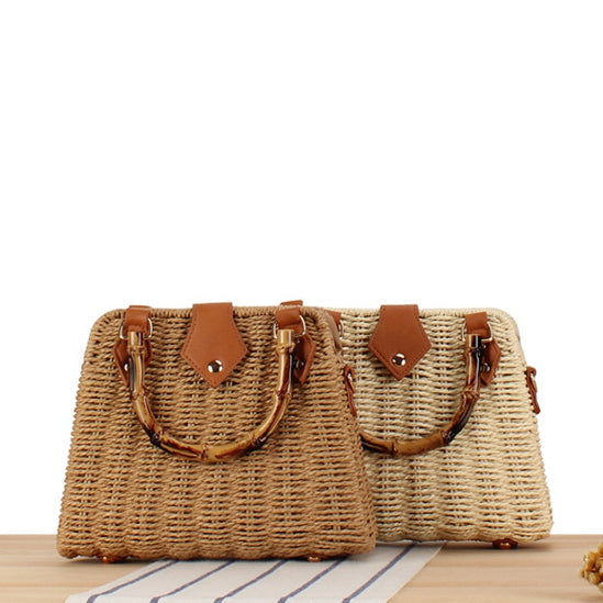 Handmade Woven Shoulder Bag, Woven bag with wooden handles and a long strap, Chic woven bag featuring a braided strap It's very suitable for chill-out, minimalist