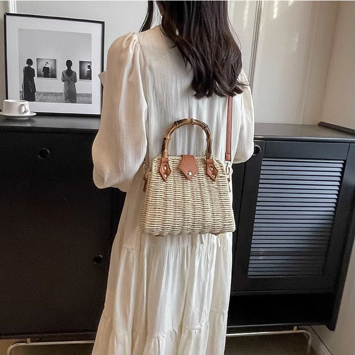 Handmade Woven Shoulder Bag, Woven bag with wooden handles and a long strap, Chic woven bag featuring a braided strap It's very suitable for chill-out, minimalist