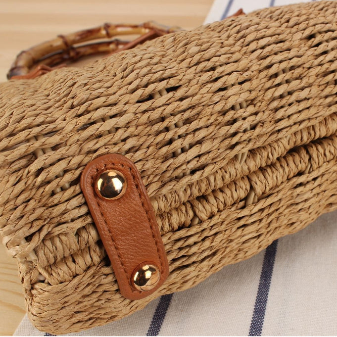 Handmade Woven Shoulder Bag, Woven bag with wooden handles and a long strap, Chic woven bag featuring a braided strap It's very suitable for chill-out, minimalist