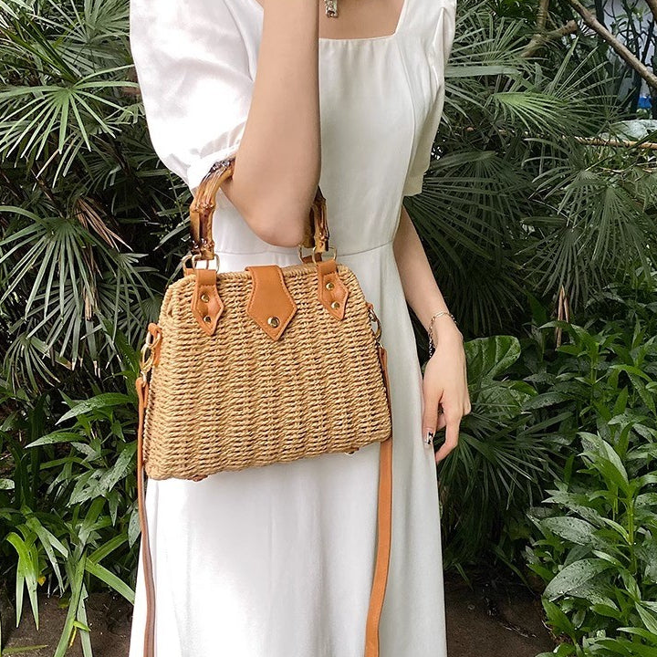 Handmade Woven Shoulder Bag, Woven bag with wooden handles and a long strap, Chic woven bag featuring a braided strap It's very suitable for chill-out, minimalist