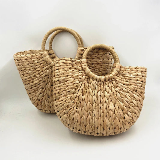 New Straw Bag Women Hand-Woven Hollow Handbag Moon Shape Rattan Bag Big Capacity Handbag Casual Travel Beach Bag