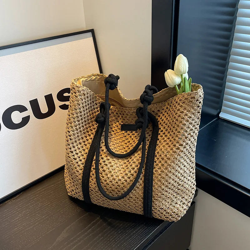 Elegant Ladies Straw Woven Handbag Women Holiday Beach Bag Casual Shopper Tote Top-Handle Bags Fashion Underarm Shoulder Bags