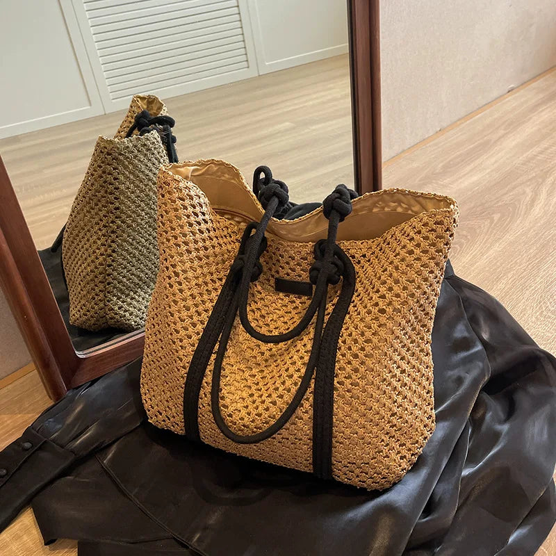 Elegant Ladies Straw Woven Handbag Women Holiday Beach Bag Casual Shopper Tote Top-Handle Bags Fashion Underarm Shoulder Bags