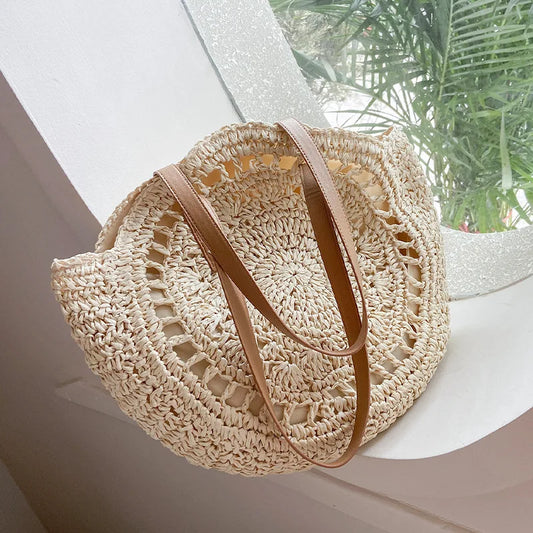 Summer Round Straw Bags for Women Rattan Shoulder Bag Travel Handmade Woven Beach Handbags Female Large Capacity Totes Bag