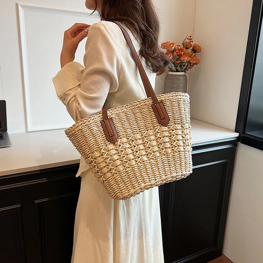 Summer Straw Bags for Women Straw Shoulder Bags Rattan Woven Top Handle Bag Hollow Raffia Crochet Beach Bag Casual Handbags