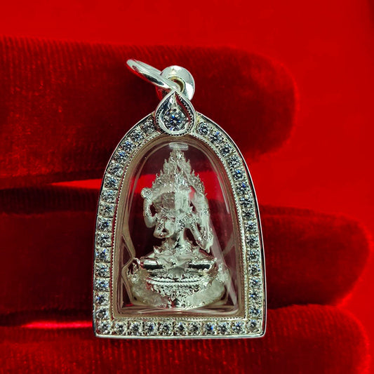 Thao Maha Phromthada ,Phra Phrom Magic Pendent, framed in a genuine silver frame of 92.5 with diamonds around the circumference silver92.5%