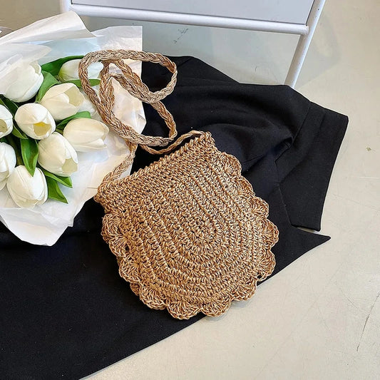 Women Handmade Straw Woven Bag Small Crossbody Shoulder Bag  Ladies Fashion Simple Design Handbag Purse Summer Travel Beach Bag